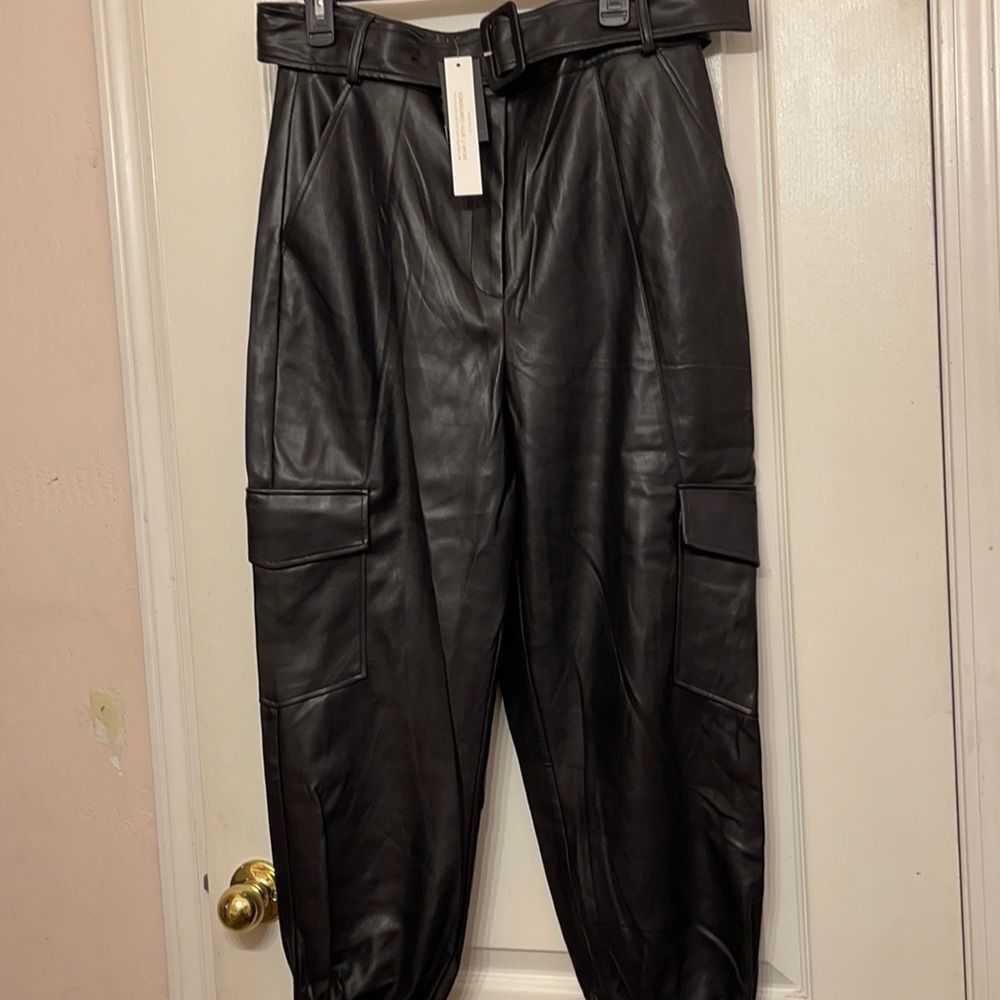INC Womens Cargo Pants Deep Black USA Faux Leather Belted Waist $99